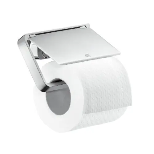Toilettenpapierhalter aus Chrom mit Deckel, montiert an der Wand. Produkt der Marke AXOR, geeignet für die Aufnahme von handelsüblichem Toilettenpapier.